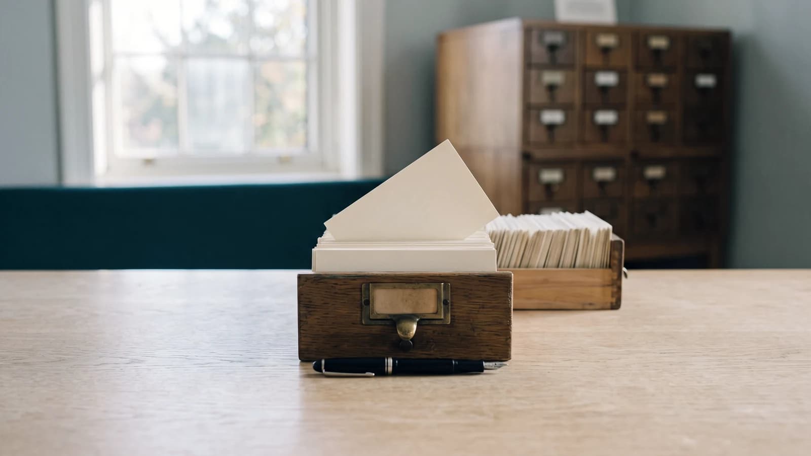 A wooden card-catalogue drawer on a pale oak table, one blank index card raised above the rest and a black fountain pen lying in front, with a catalogue cabinet behind