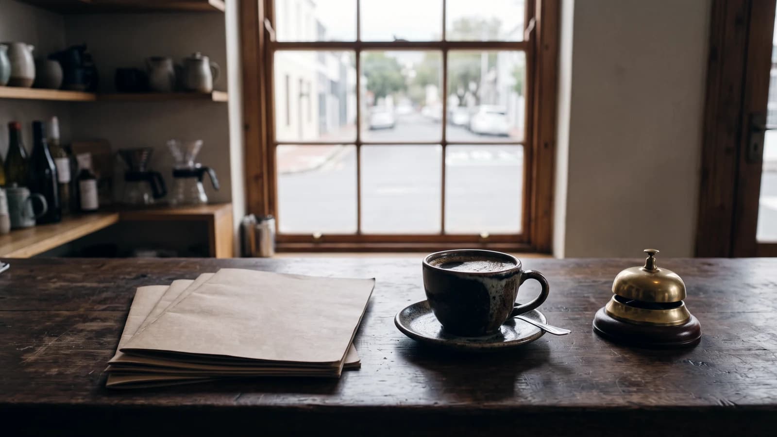 A worn wooden café counter with a stack of blank brown paper menus, a cup of coffee on a saucer and a brass service bell, in front of a sash window onto a quiet street