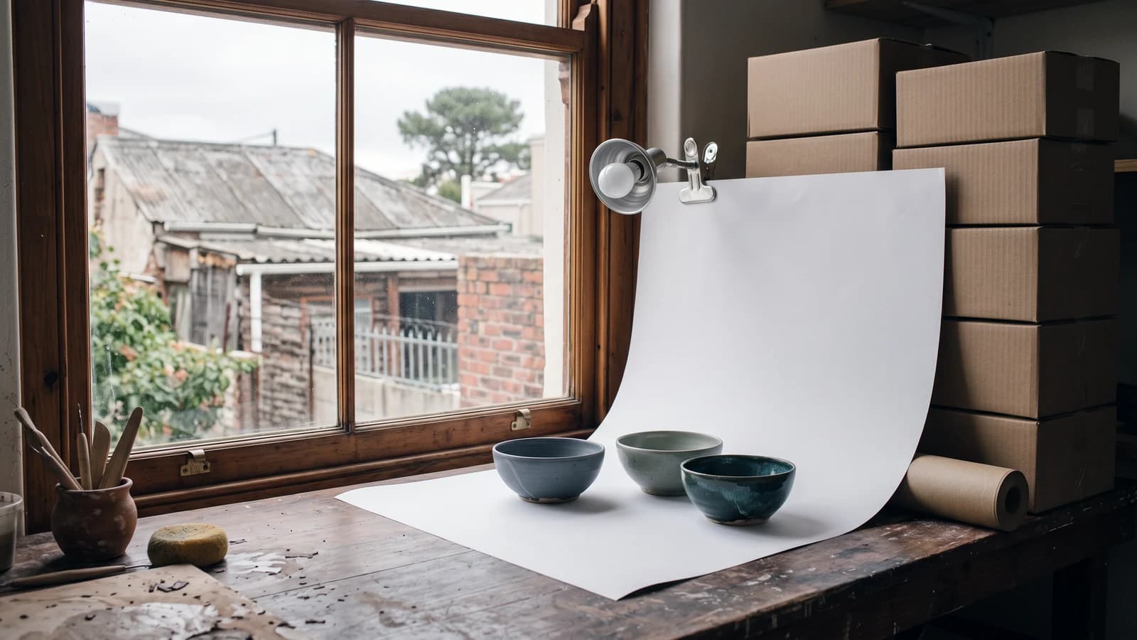 Three handmade glazed bowls on a sweep of white paper on a worn wooden workbench by a window, lit by a clip-on lamp, beside stacked brown shipping boxes and a roll of packing paper