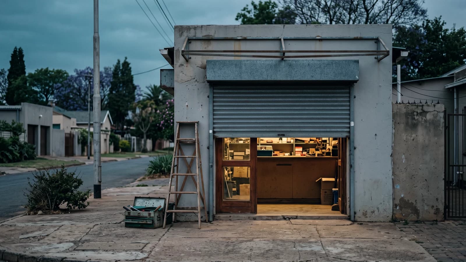 A small shop on a suburban street at dusk with its steel roller shutter half down over a lit counter, a wooden step ladder and an open toolbox outside, and jacarandas in bloom behind