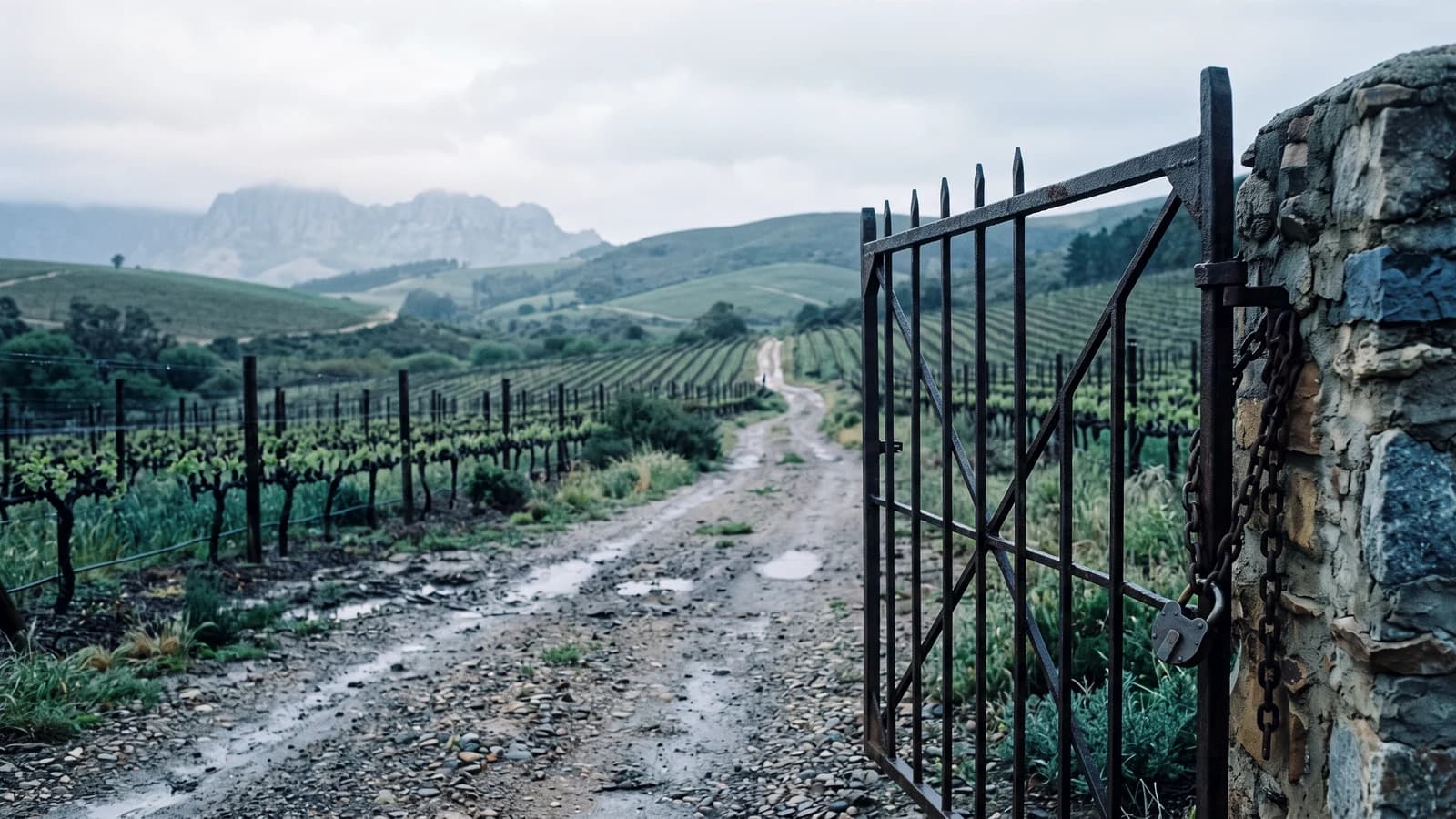 A rusted iron gate standing open beside a stone gatepost hung with a chain and padlock, and a wet gravel road running between rows of vines towards mountains under low cloud